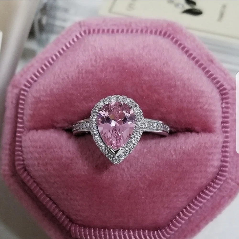 Swarovski Elements 925 Sterling Silver Pink CZ Teardrop Solitaire Ring NEW